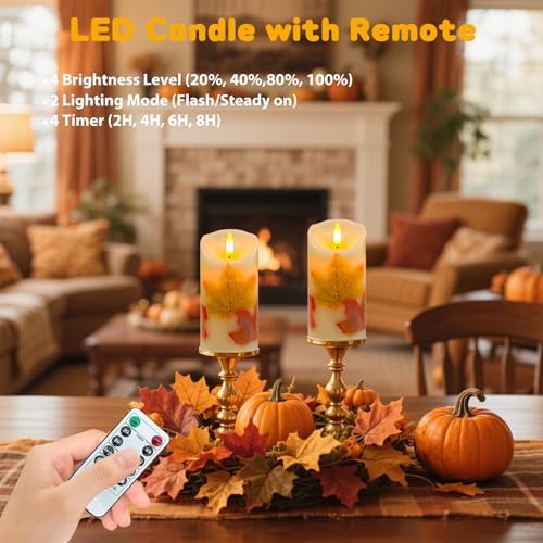 Maple Leaves Flameless Candles Set of 2, Fall Candles with Remote & Timer