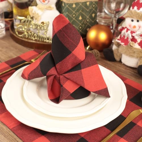 Christmas Cloth Napkins Set of 12, Cotton Buffalo Plaid Dinner Napkins 18 x 18 Inch, Reusable Washable for Holiday Party Wedding Restaurant Everyday Use, Red and Black