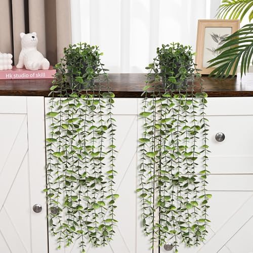 Waipfaru 2Pcs Fake Hanging Plants with Pot, Potted Faux Eucalyptus