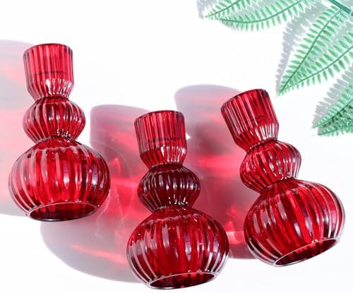 Woho 3pcs Red Taper Candle Holders Glass, Candlestick Holders for Christmas