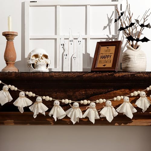 Bunny Chorus Ghost Halloween Garland: 1pc White Ghost Halloween Party Banner with Wood Beads, Cute Ghosts Halloween Garland Halloween Banner Decorations for Home Wall Mantel Doorways Front Decor