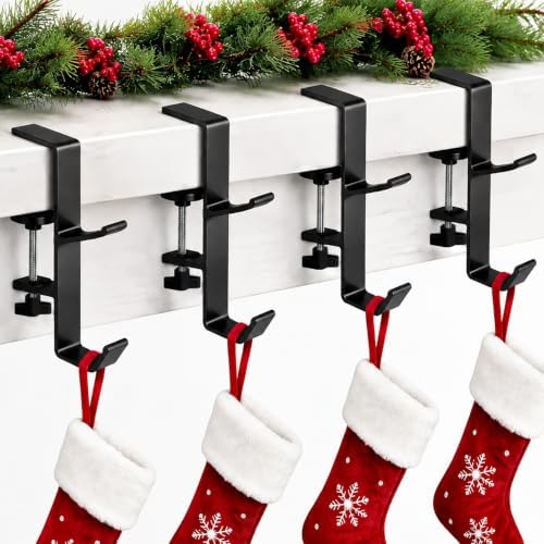 AZHAIBUQI 4 Pack Stocking Holders for Mantle, Upgraded 2 in 1 Christmas Stocking Hangers & Garland Holder, Adjustable Fireplace Hooks Fit Mantels Up to 3.54 Inches Thick, No Drilling, Black