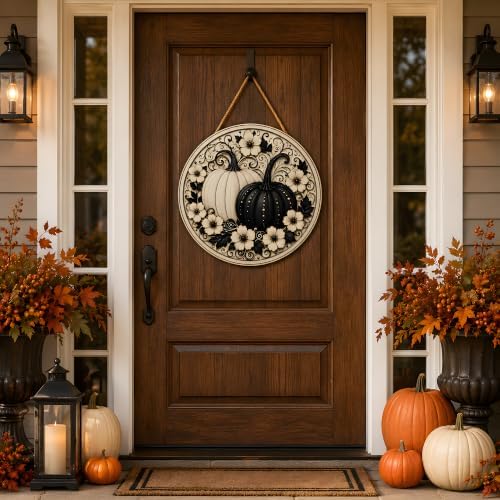 Fall Decor - Black and White Pumpkin Wreath Door Sign for Front Door