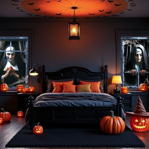 CCINEE 2 Packs Scary Halloween Window Cover Decoration, 3D Ghost Curtains Backdrop Haunted House Garage Door Posters for Indoor Outdoor Wall Window Silhouettes Halloween Party Decor