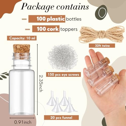 Bokon 100 Packs 10ml Mini Plastic Bottles with Corks Eye Screws Funnels
