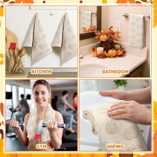 Mindsoft 2 Pcs Fall Hand Towels 3D Pumpkin Jacquard,Beige
