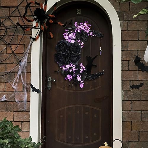 Black Rose Halloween Wreath with Lights, Crescent Moon Cat Wreath