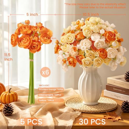 Alupssuc 30Pcs Ranunculus Artificial Flowers Fall Faux Silk Mini Ranunculus