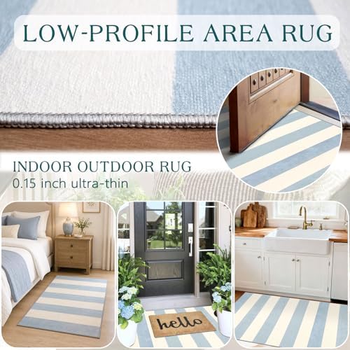Blue White Striped Outdoor Rug - 28" x 43" Front Door Mat Indoor Outside Entrance Non-Slip Washable Summer Welcome Mat