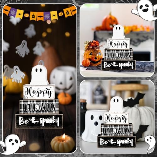 Britimes Halloween Ghost Tiered Tray Decor Set, 4 Pack, Wooden Table Sign