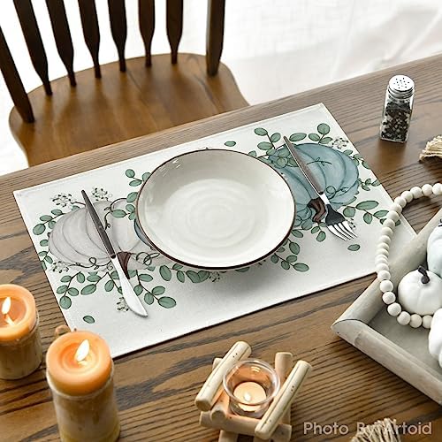 Artoid Mode Pumpkins Eucalyptus Leaves Fall Placemats Set of 4, 12x18 Inch Autumn Thanksgiving Holiday Table Mats for Party Kitchen Dining Decoration