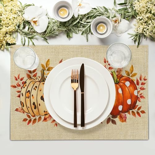 Fall Pumpkins Placemats Set of 4 18x12 Inch Autumn Thankful Linen Place Mats Heat-Resistant Washable Wipeable Thanksgiving Season Holiday Table Mat for Party Kitchen Dining Room Dinner Table Decor