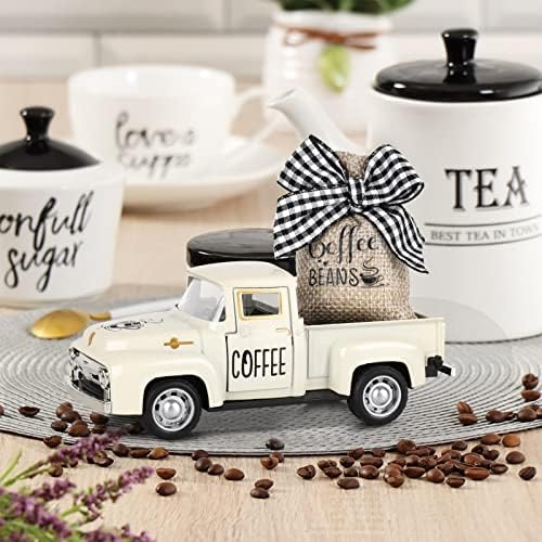 Hooqict Coffee Bar Decor Mini Metal White Truck with Beans Burlap Sack for Home Farmhouse Kitchen Tiered Tray Decor Coffee Bar Accessories Coffee Station Decorations