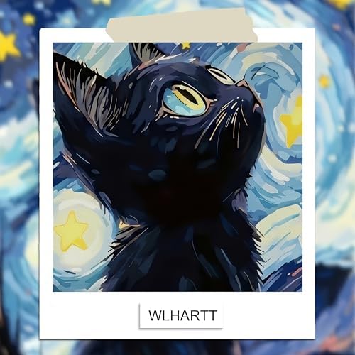 Framed Black Cat Wall Art, Van Gogh Starry Night Canvas Wall Decor, Cute Cat Animal Poster Print Picture, Impressionist