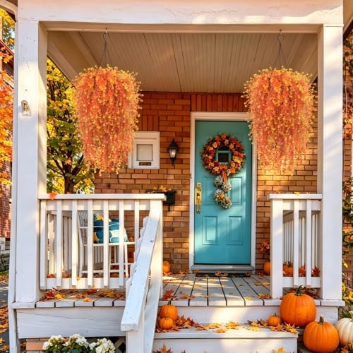 2 Set Fall Artificial Flower Hanging Baskets for Outdoors, UV Resistant