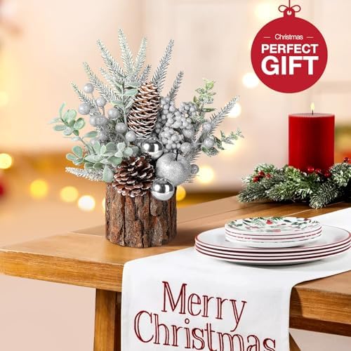 hatisan Small Christmas Tree,Artificial Christmas Tree with Christmas Ornaments Pine Cone Berry,Tabletop Christmas tree for Christmas Decorations Home Room Party Winter Indoor Outdoor (Silver-Round)