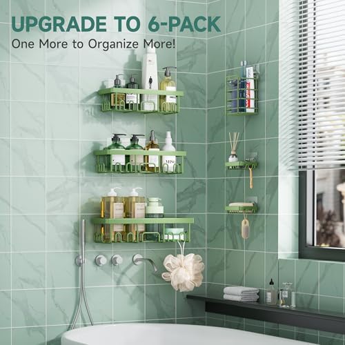 Veken Rustproof & Waterproof Shower Caddy 6-Pack, No Drilling Adhesive Shelves Rack with Soap Holder, Large Capacity