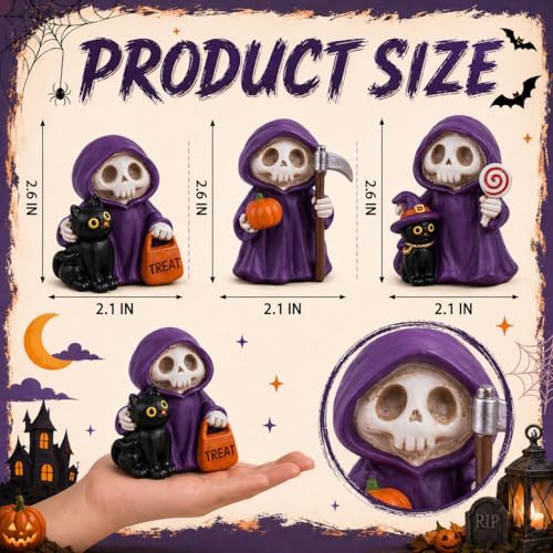 Halloween Decorations Indoor, 3 Pcs Witch Skeleton Statues for Table Mantel Shelf Decor Cute Spooky Halloween Figurines with Grim Reaper Witch Hat Black Cat, Pumpkin Skull Gothic Resin Tabletop Decor