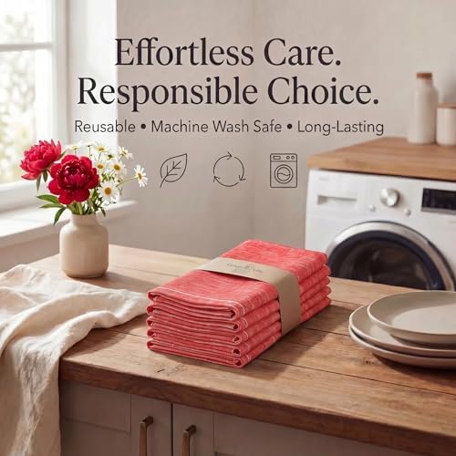 Urban Villa Cloth Napkins 100% Cotton Highly Absorbent Washable Reusable Premium Dinner Napkins Ideal for Gifts for Mothers Day Hotel Farmhouse Parties - Red/White Chambray (20" x 20", Set of 12)