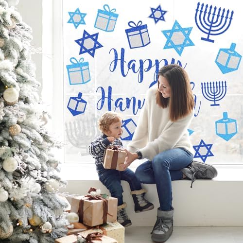 Whaline 6 Sheets Glitter Hanukkah Window Clings Chanukah Star Menorah Window Decal Reusable Anti-Collision Windows Decor for Home Classroom Office Party Supplies