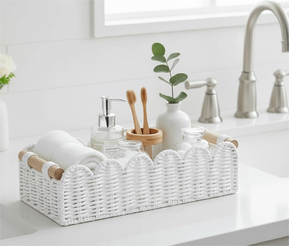 CubesLand Scalloped Toilet Paper Storage Basket W/Handle for Home Decor