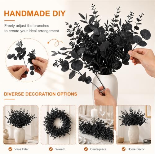 120pcs Mixed Artificial Eucalyptus Leaves Stems Bulk Black