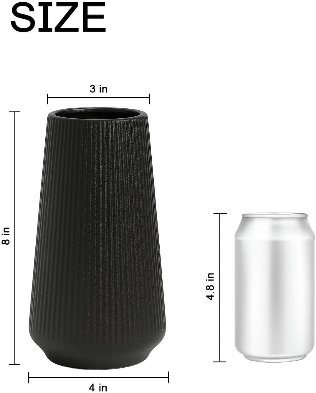 Ceramic Vase / Modern Minimalist Ribbed Decorative Vase / Matte Black01 / Black / 8 Inch