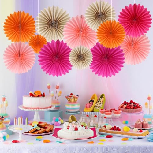 BestoFun 12PCS Orange Light Pink Paper Fans & Tissue Paper Flowers - Party Decorations Set for Birthday, Wedding, Bridal Shower, Reusable Easy Assemble Wall & Ceiling Decor