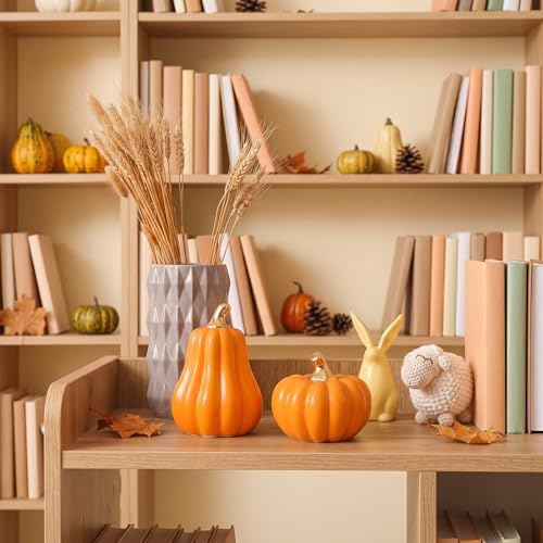 Qinyoung 2 Pcs Fall Ceramic Pumpkins for Home Decor Gold Stem, Orange