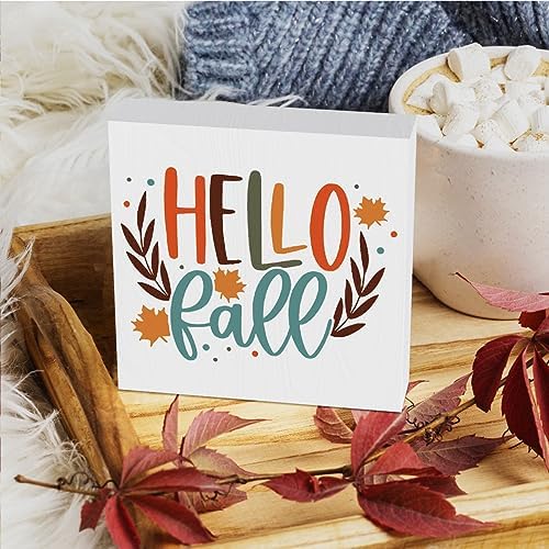 Fall Wooden Box Sign, 5.1 X 5.1 Inch Autumn Maple Wood Sign for Tiered Tray Decor, Home Living Room Harvest Day Thanksgiving Tabletop Decor - Hello Fall