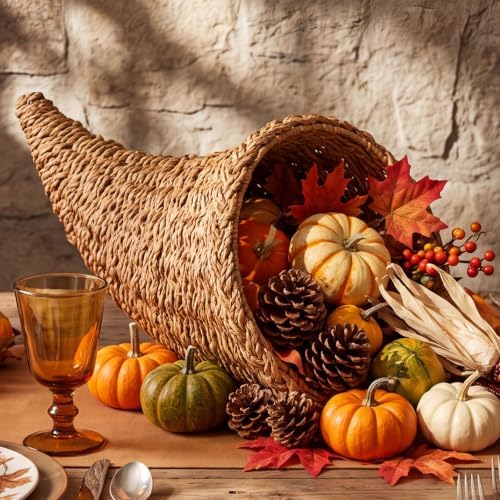 Dandat 1 Pcs Fall Cornucopia Basket Centerpiece 13.78 Inch, Seaweed