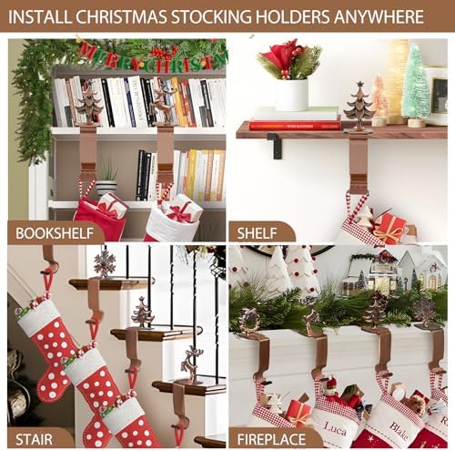 Christmas Stocking Holders for Mantle Set 4, Upgrade Stable Non-Slip Fireplace Holder, Metal Hangers for Mantle, Mantel Clip for Xmas Party Decoration (Bronze)