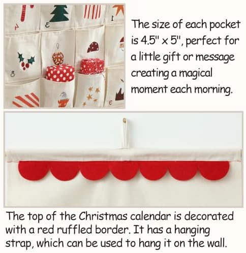 MONOBLANKS Fabric Hanging Advent Calendar with Pockets, Christmas Pattern B