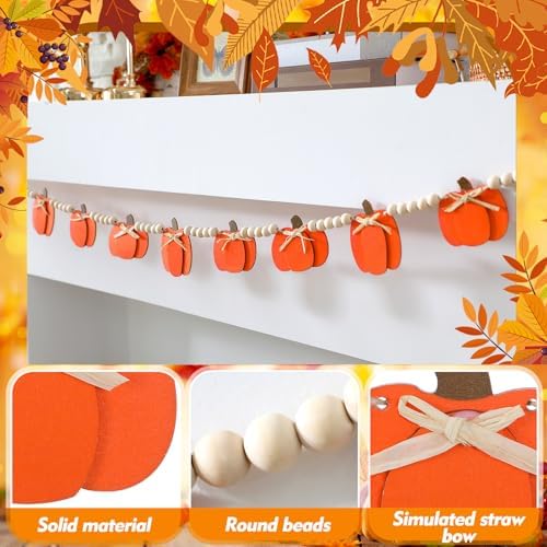 Geelin 8.2 ft Fall Pumpkin Wood Bead Garland Banner, Pumpkin Fall Hanging