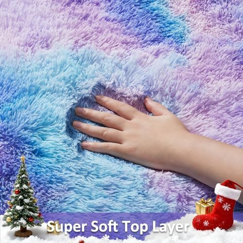 Ophanie Round Rugs 5Ft Tie-Dye Rainbow Purple Area Rug,Aesthetic Room Decor,Fluffy Fuzzy Bedroom Carpet,Plush Soft