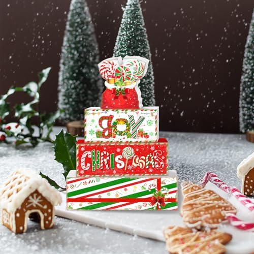 Britimes Tiered Tray Decor Set, 4 Pack, Wooden Table Sign, Candy Christmas