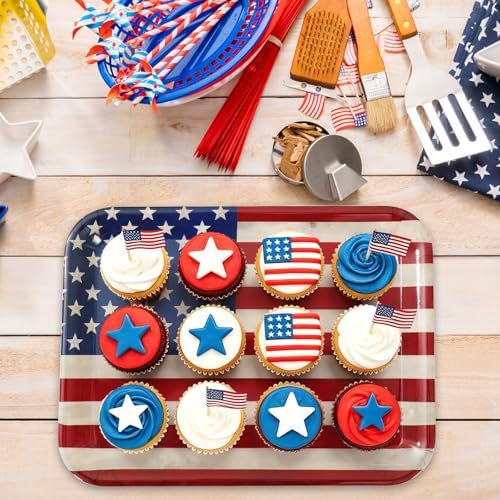 Whaline 3 Pcs Patriotic Serving Trays Vintage American Flag Melamine Platter Retro Stars Stripes Serving Dishes for 250th Anniversary 4th of July Independence Day BBQ Party Supplies, 10 x 13 Inch
