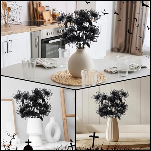 6PCS Black Artificial Fake Mums Halloween Faux Pincushion Flower