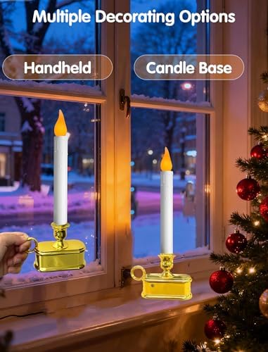 4 Pack Christmas Window Candle Lamps with Sensor Dusk to Dawn,10 Inch Battery Operated LED Window Candles with Flickering Amber Flame for Weddings Table Christmas Decor, Gold Plated Base