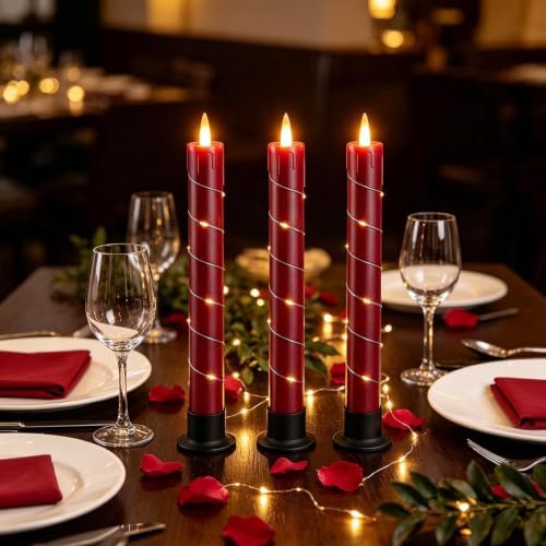 Flameless Cone-Shaped Candle, Patented with Starlight String, 11 Key Remote Control, Timer, Battery Powered, Patented Simulated Flame, 3 Packs, Christmas Home and Wedding Decoration (red)