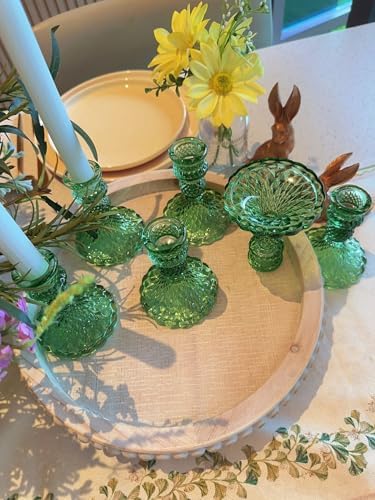 Green Glass Candlestick Holders, Taper Candle Holders, Set of 6