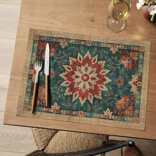 Artoid Mode Snowflakes Floral Ethnic Boho Christmas Placemats Set of 4, Washable Heat Resistant Non-Slip Plastic PVC Place Mats for Farmhouse Winter Holiday Party Kitchen Dining Decor