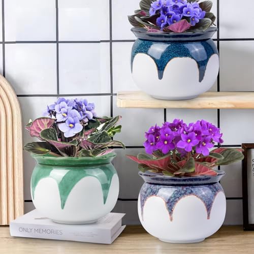 BUYMAX African Violet Pots, 6 inch Ceramic Easy Self Watering Plant Pot for Busy Plant Lovers, Automatically Absorb Appropriate Amount of Water, Flower Pot Indoor-Plants Not Included(Blue)