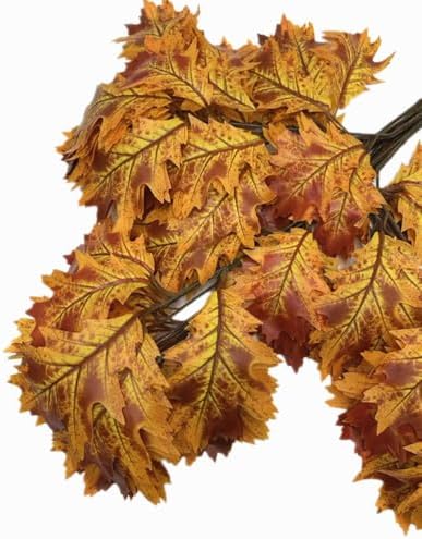 12pcs Artificial Oak Tree Branch Faux Eiche Leaf Stem Three Forks per piece for Greenery Wall Floral Decoration (Orange)