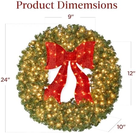 Best Choice Products 24in Large Artificial Pre-Lit Fir Christmas Wreath Holiday Accent Decoration for Door, Mantel w/Red Lighted Bow, 70 LED Lights, 100 PVC Tips, Battery Operated