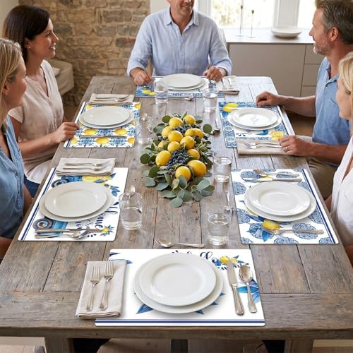 OBUSATT Blue and Yellow Lemons Placemats Set of 6 17×12 Inch Summer Lemon