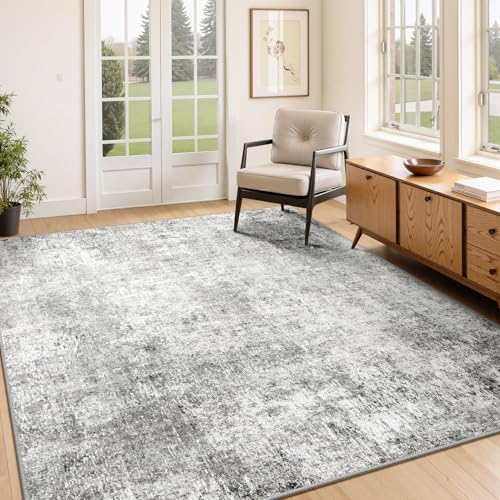 RELEANY Washable 4'x6' Abstract Area Rug for Living Room Gray White