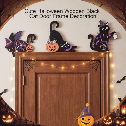 Bucherry 3 Pcs Halloween Black Cat Wooden Wall Decor, Door Frame Wall
