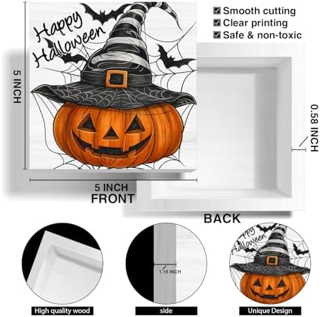 Happy Halloween Sign, Fall Halloween Pumpkin Decor, Jack o Lantern Wooden Square Sign for Home Office Desk Decor 5 x 5 Inches