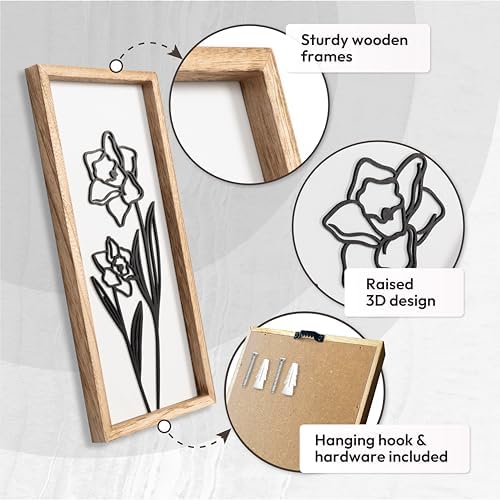 3D Black and White Wall Art (Set of 2) Lightweight, Wooden Ready-to-Hang Framed Floral Wall Art for Bathroom, Bedroom